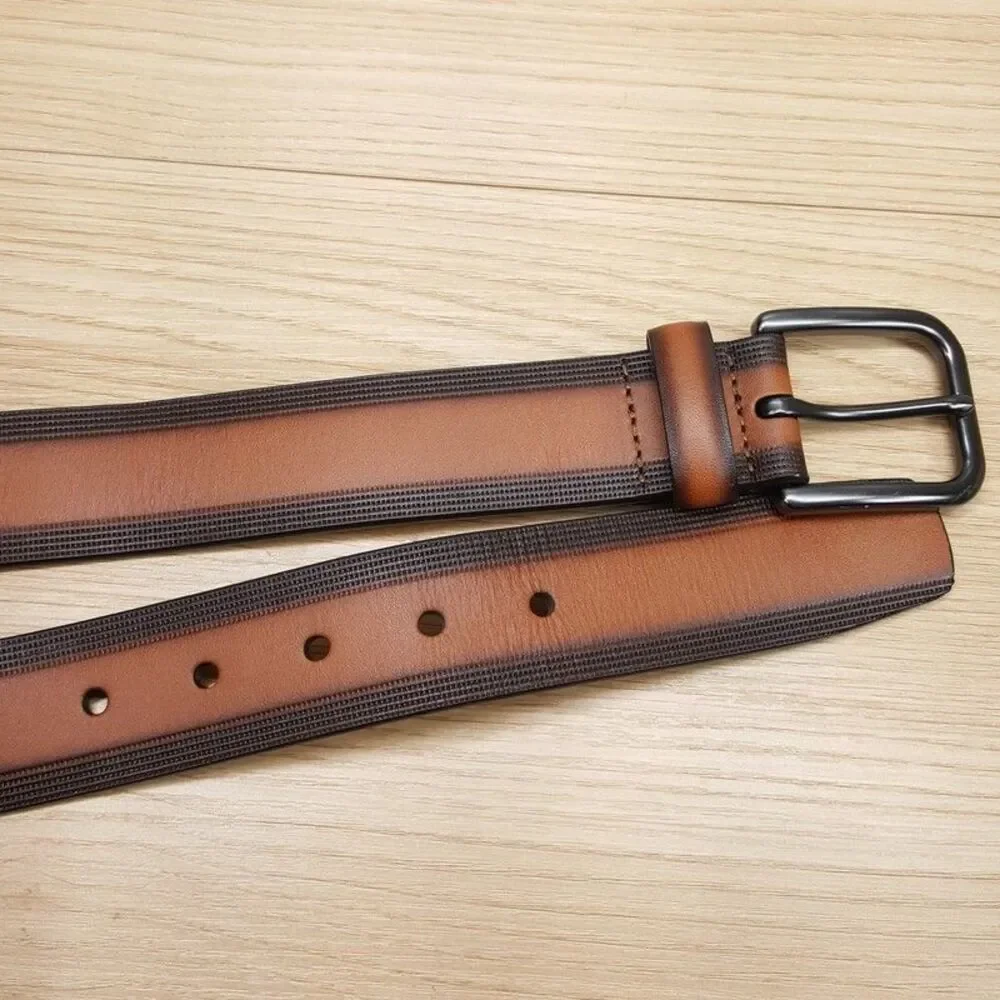 BLOOMINGDALES Belt Mens Size 30 Brown Pattern Edge Full Grain Leather